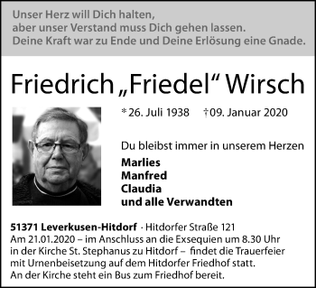 Anzeige von Friedrich Wirsch von Kölner Stadt-Anzeiger / Kölnische Rundschau / Express