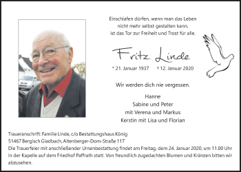 Anzeige von Fritz Linde von  Bergisches Handelsblatt 