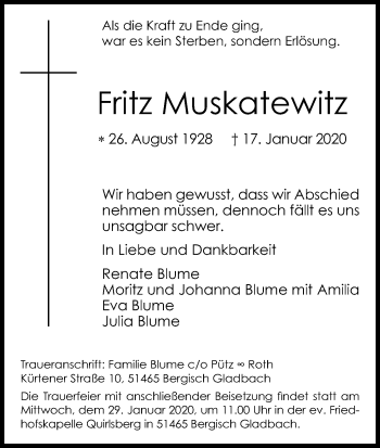 Anzeige von Fritz Muskatewitz von Kölner Stadt-Anzeiger / Kölnische Rundschau / Express