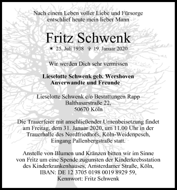 Anzeige von Fritz Schwenk von Kölner Stadt-Anzeiger / Kölnische Rundschau / Express