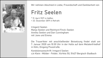 Anzeige von Fritz Seelen von Kölner Stadt-Anzeiger / Kölnische Rundschau / Express
