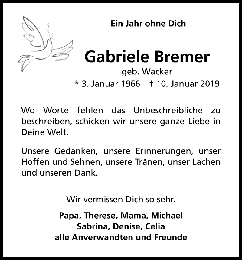  Traueranzeige für Gabriele Bremer vom 10.01.2020 aus Kölner Stadt-Anzeiger / Kölnische Rundschau / Express