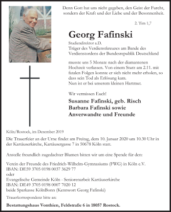 Anzeige von Georg Fafinski von Kölner Stadt-Anzeiger / Kölnische Rundschau / Express