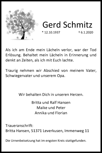 Anzeige von Gerd Schmitz von Kölner Stadt-Anzeiger / Kölnische Rundschau / Express