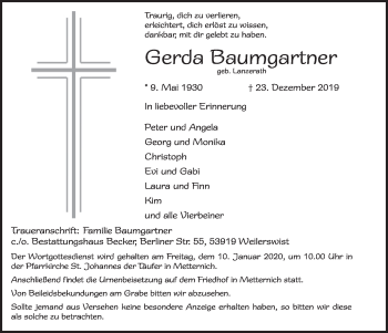 Anzeige von Gerda Baumgartner von  Blickpunkt Euskirchen 