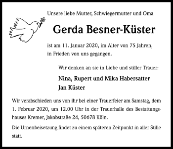 Anzeige von Gerda Besner-Küster von Kölner Stadt-Anzeiger / Kölnische Rundschau / Express