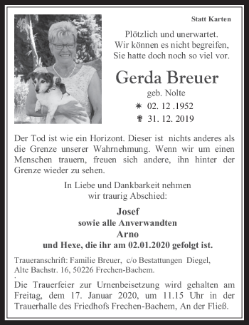 Anzeige von Gerda Breuer von  Wochenende 