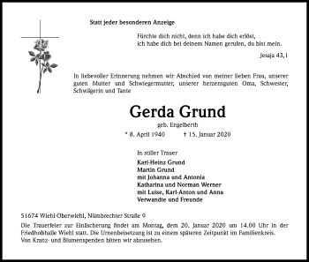 Anzeige von Gerda Grund von Kölner Stadt-Anzeiger / Kölnische Rundschau / Express
