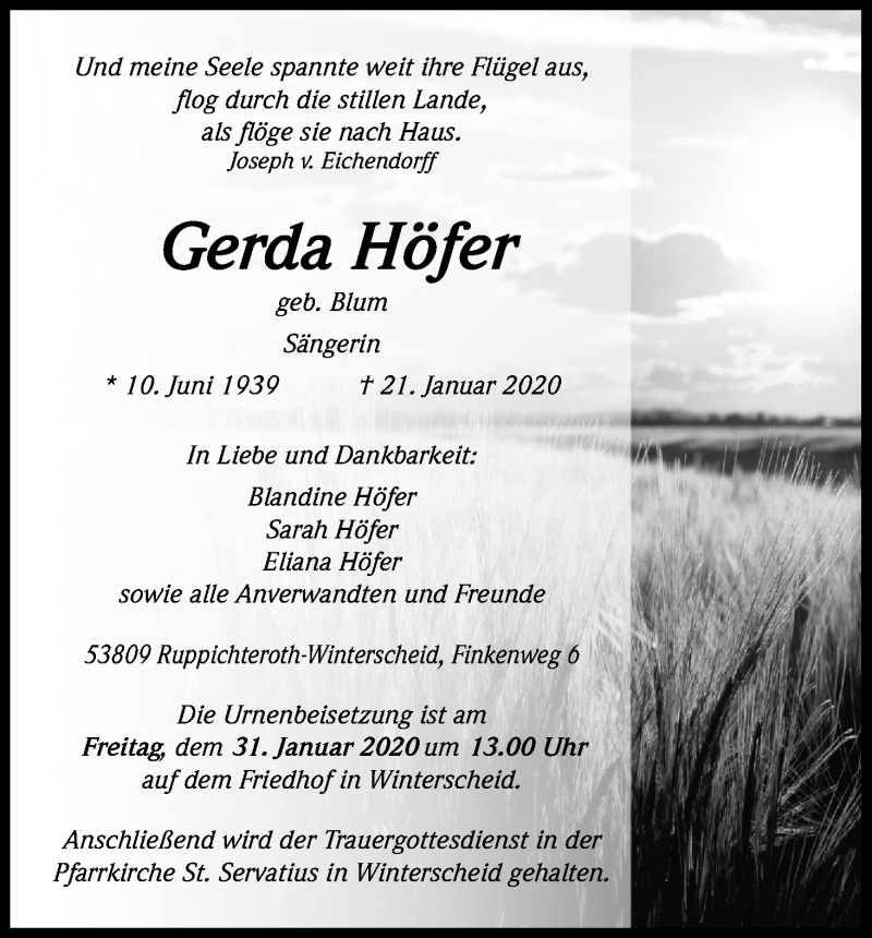  Traueranzeige für Gerda Höfer vom 25.01.2020 aus Kölner Stadt-Anzeiger / Kölnische Rundschau / Express