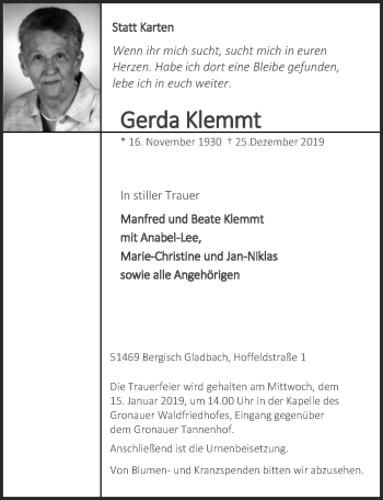 Anzeige von Gerda Klemmt von  Bergisches Handelsblatt 