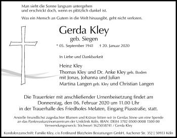 Anzeige von Gerda Kley von Kölner Stadt-Anzeiger / Kölnische Rundschau / Express