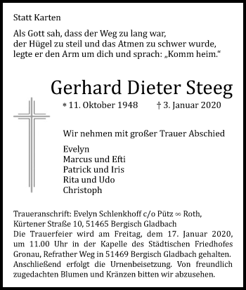 Anzeige von Gerhard Dieter Steeg von Kölner Stadt-Anzeiger / Kölnische Rundschau / Express
