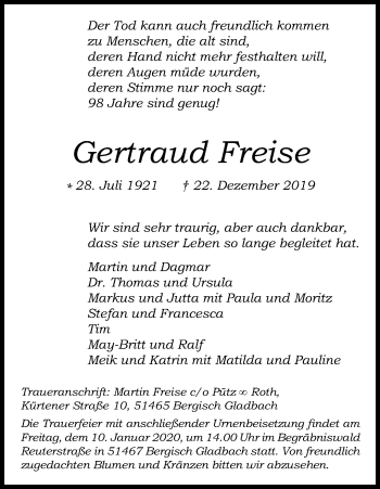 Anzeige von Gertraud Freise von Kölner Stadt-Anzeiger / Kölnische Rundschau / Express