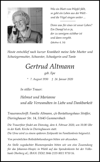 Anzeige von Gertrud Altmann von Kölner Stadt-Anzeiger / Kölnische Rundschau / Express