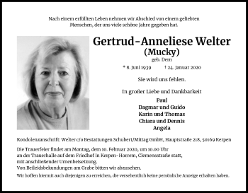 Anzeige von Gertrud-Anneliese Welter von Kölner Stadt-Anzeiger / Kölnische Rundschau / Express