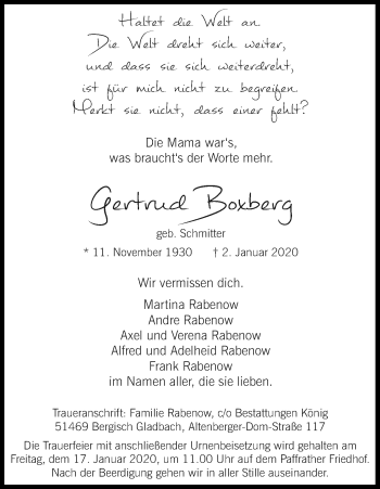 Anzeige von Gertrud Boxberg von Kölner Stadt-Anzeiger / Kölnische Rundschau / Express