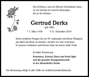 Anzeige von Gertrud Derks von Kölner Stadt-Anzeiger / Kölnische Rundschau / Express