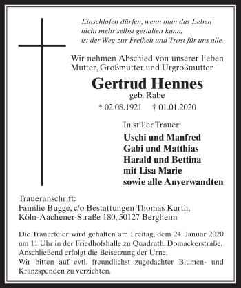 Anzeige von Gertrud Hennes von  Werbepost 
