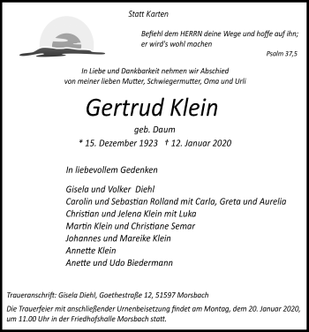 Anzeige von Gertrud Klein von  Lokalanzeiger 