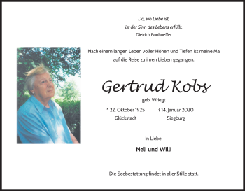 Anzeige von Gertrud Kobs von Kölner Stadt-Anzeiger / Kölnische Rundschau / Express