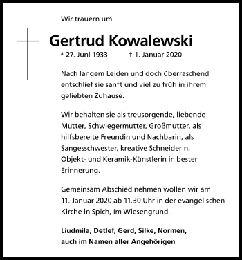 Anzeige von Gertrud Kowalewski von Kölner Stadt-Anzeiger / Kölnische Rundschau / Express