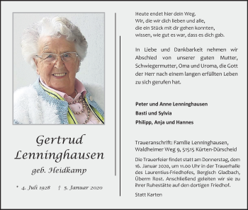 Anzeige von Gertrud Lenninghausen von Kölner Stadt-Anzeiger / Kölnische Rundschau / Express