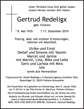 Anzeige von Gertrud Redeligx von  Sonntags-Post 