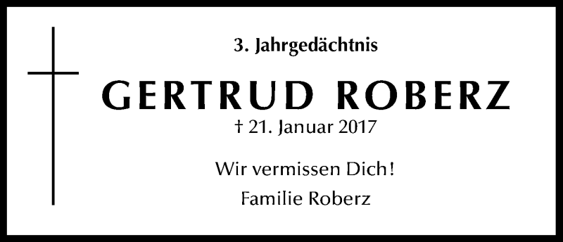  Traueranzeige für Gertrud Roberz vom 21.01.2020 aus Kölner Stadt-Anzeiger / Kölnische Rundschau / Express