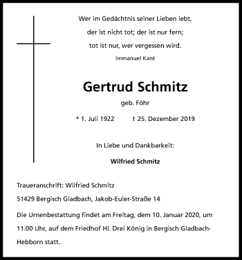 Anzeige von Gertrud Schmitz von Kölner Stadt-Anzeiger / Kölnische Rundschau / Express