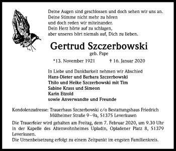 Anzeige von Gertrud Szczerbowski von Kölner Stadt-Anzeiger / Kölnische Rundschau / Express