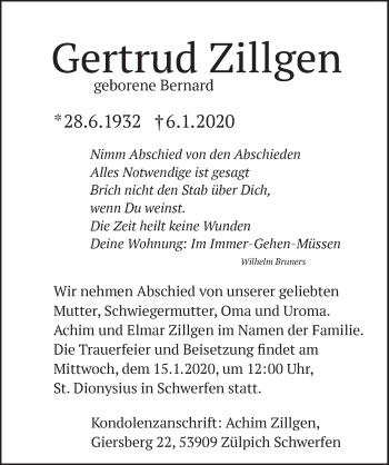 Anzeige von Gertrud Zillgen von  Blickpunkt Euskirchen 
