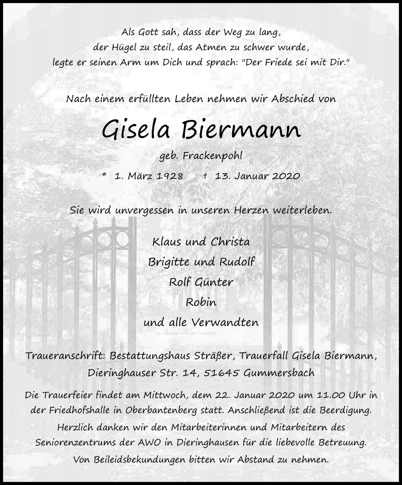  Traueranzeige für Gisela Biermann vom 18.01.2020 aus Kölner Stadt-Anzeiger / Kölnische Rundschau / Express