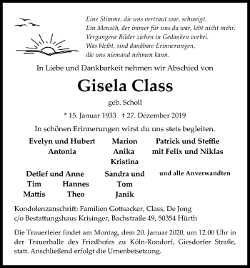 Anzeige von Gisela Class von Kölner Stadt-Anzeiger / Kölnische Rundschau / Express