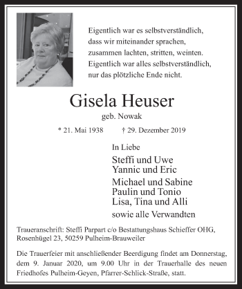 Anzeige von Gisela Heuser von  Wochenende 