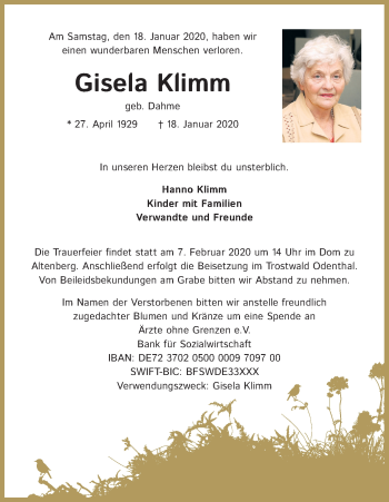 Anzeige von Gisela Klimm von Kölner Stadt-Anzeiger / Kölnische Rundschau / Express