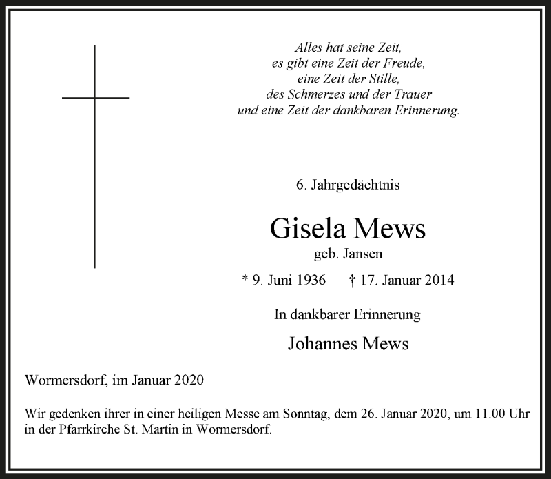  Traueranzeige für Gisela Mews vom 18.07.2023 aus  Schaufenster/Blickpunkt 