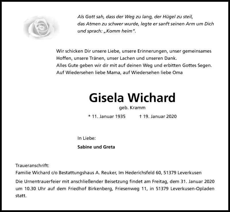  Traueranzeige für Gisela Wichard vom 28.01.2020 aus Kölner Stadt-Anzeiger / Kölnische Rundschau / Express