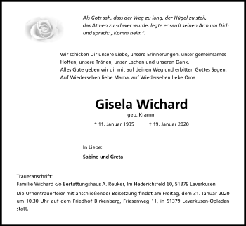 Anzeige von Gisela Wichard von Kölner Stadt-Anzeiger / Kölnische Rundschau / Express