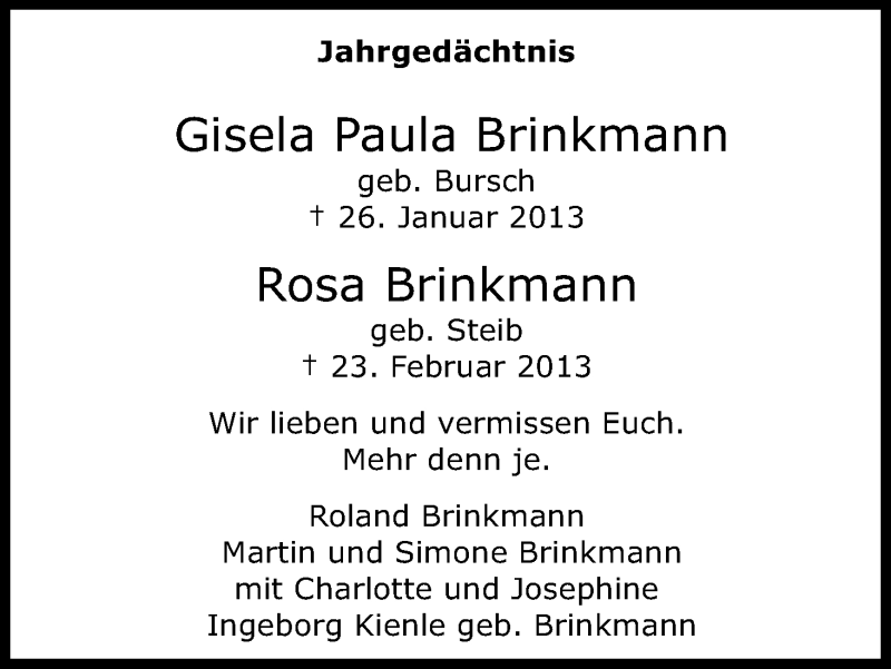  Traueranzeige für Gisela Paula Brinkmann vom 18.07.2023 aus Kölner Stadt-Anzeiger / Kölnische Rundschau / Express