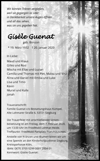 Anzeige von Gisèle Guenat von Kölner Stadt-Anzeiger / Kölnische Rundschau / Express
