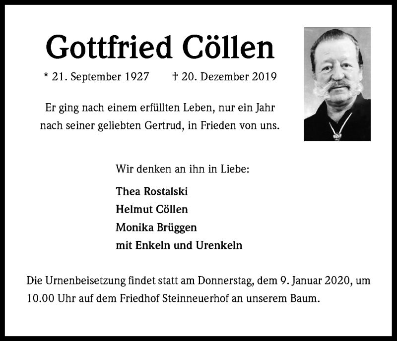  Traueranzeige für Gottfried Cöllen vom 04.01.2020 aus Kölner Stadt-Anzeiger / Kölnische Rundschau / Express