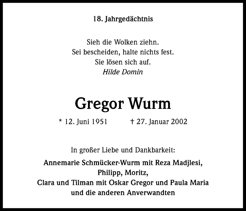  Traueranzeige für Gregor Wurm vom 25.01.2020 aus Kölner Stadt-Anzeiger / Kölnische Rundschau / Express