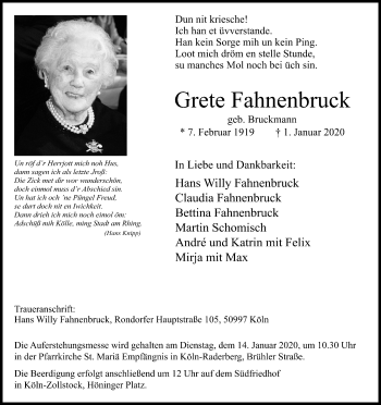 Anzeige von Grete Fahnenbruck von Kölner Stadt-Anzeiger / Kölnische Rundschau / Express