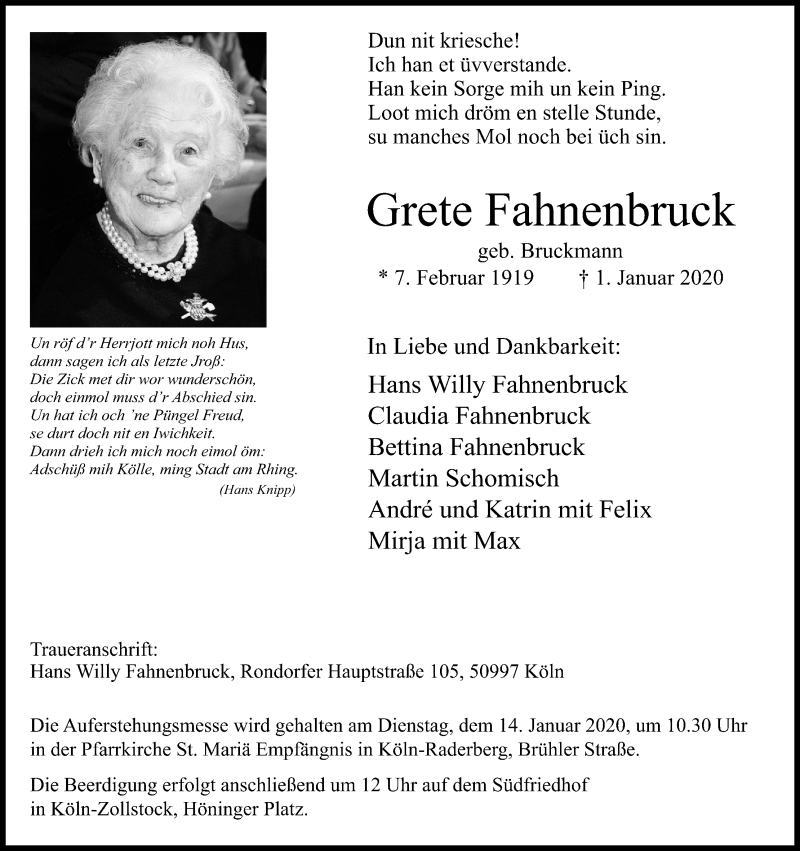 Traueranzeige für Grete Fahnenbruck vom 04.01.2020 aus Kölner Stadt-Anzeiger / Kölnische Rundschau / Express