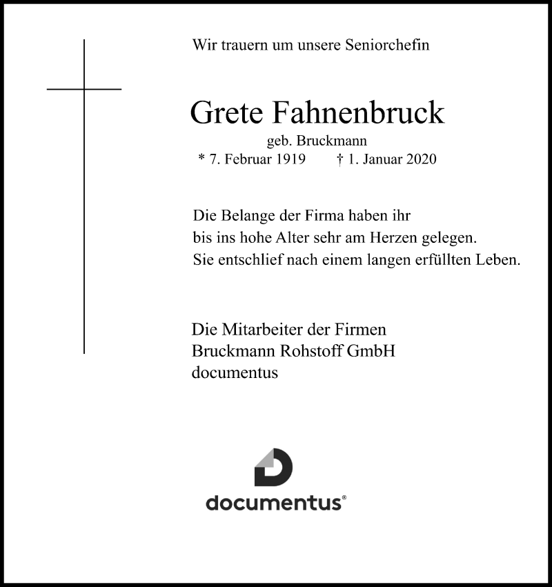  Traueranzeige für Grete Fahnenbruck vom 04.01.2020 aus Kölner Stadt-Anzeiger / Kölnische Rundschau / Express