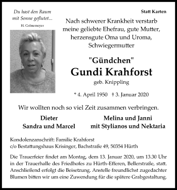 Anzeige von Gundi Krahforst von Kölner Stadt-Anzeiger / Kölnische Rundschau / Express