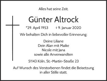 Anzeige von Günter Altrock von  Kölner Wochenspiegel 