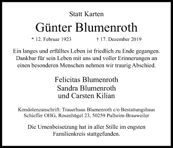 Anzeige von Günter Blumenroth von Kölner Stadt-Anzeiger / Kölnische Rundschau / Express