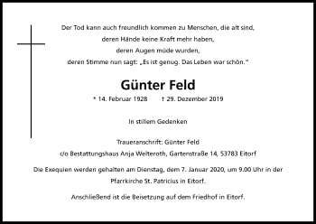 Anzeige von Günter Feld von Kölner Stadt-Anzeiger / Kölnische Rundschau / Express