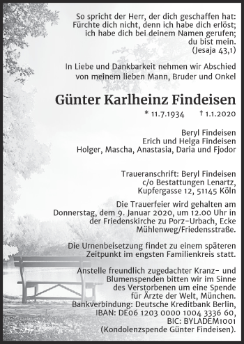 Anzeige von Günter Karlheinz Findeisen von  Kölner Wochenspiegel 